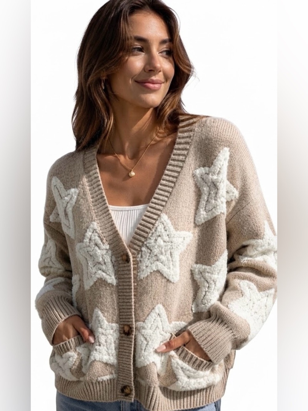 Cozy Star Patterned of Beige and White Cardigan